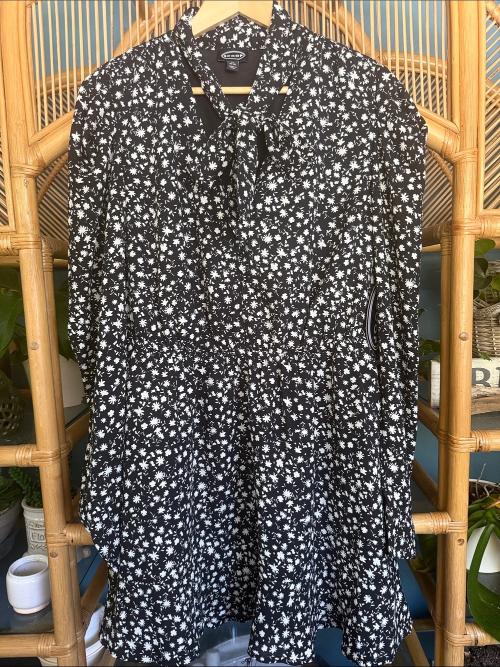 Scoop Black Floral Tie-Neck Long Sleeve Dress